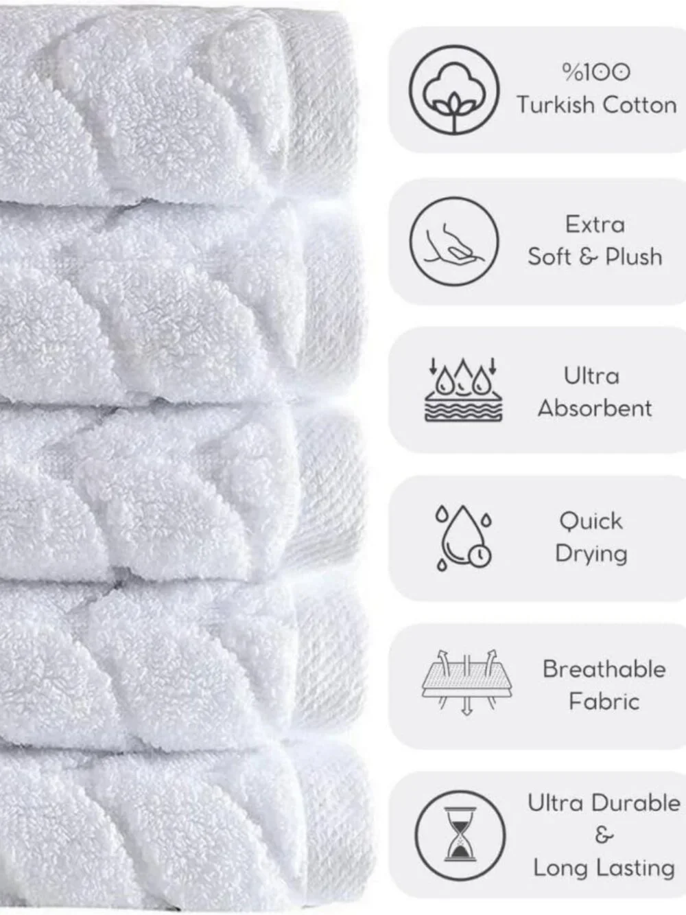 Luxury Turkish Cotton Bath & Hand Towels Set - Soft Plush Jacquard, 6 Pieces